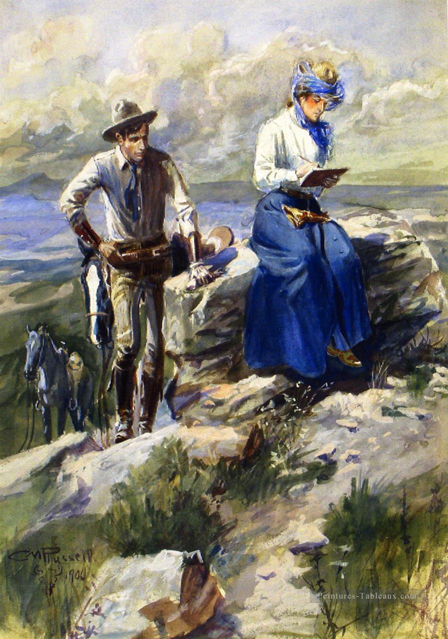 elle me tourna le dos et alla imperturbablement avec elle dessiner 1906 Charles Marion Russell Indiana cow boy Peintures à l'huile